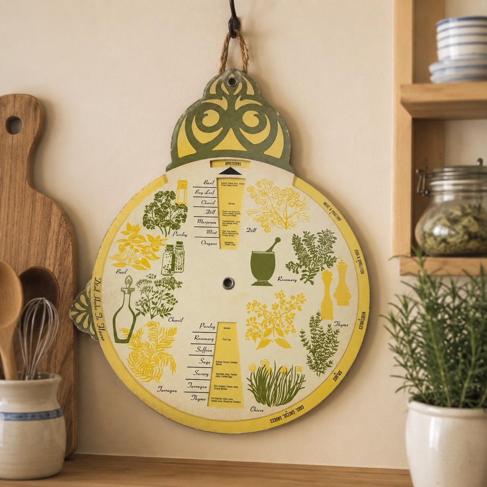 Vintage Dial Herbs To Flavor Chart Kitchen Wall Decor Women OS Yellow Botanical